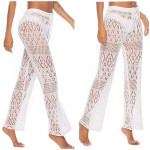Crochet Beach Coverup Pants Flared Leg High Waist Off White Size Large N…
